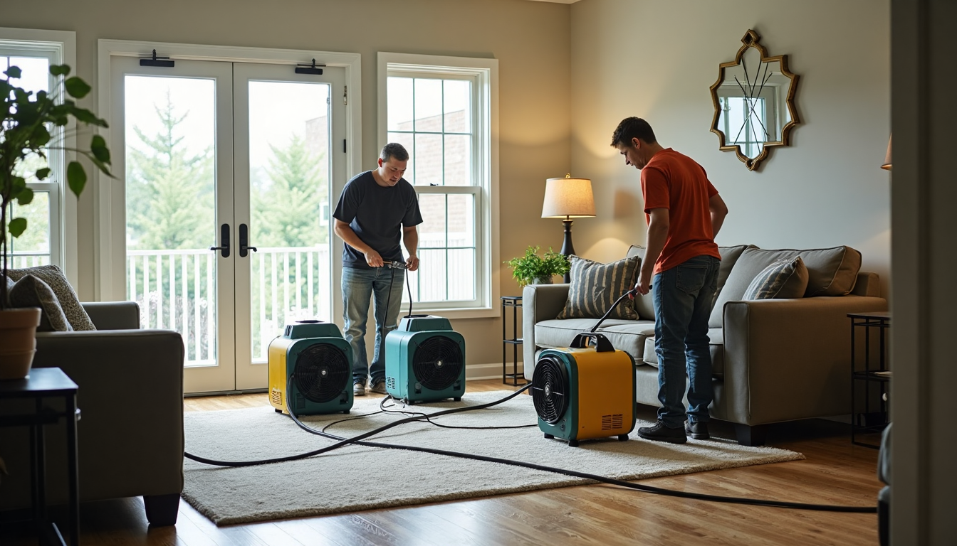 Home Maintenance After Disaster: Essential Steps for Charlotte, NC (2025) 3 Restoration crew dries water-damaged living room