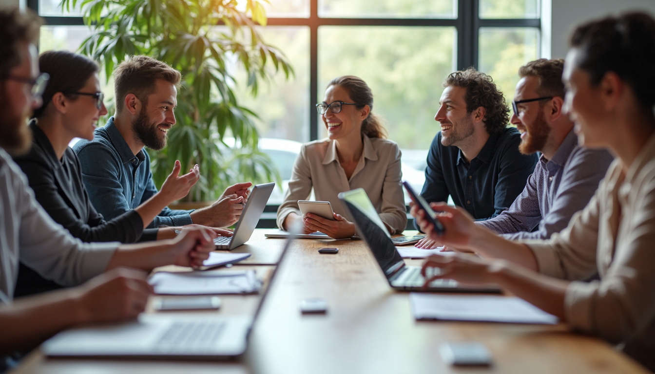 Small business owners collaborating on digital marketing