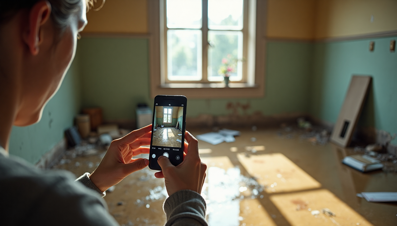 Person photographing water damage inside home