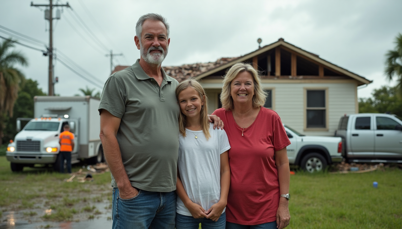 Family and emergency workers outside storm-damaged house