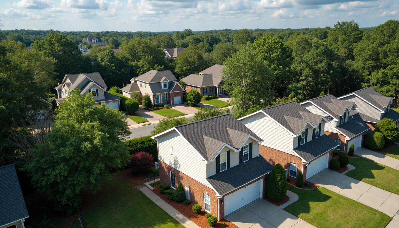 Roof Damage Assessment in Charlotte, NC: 2025 Guide for Property Owners 1 Aerial view of Charlotte neighborhood rooftops with damage