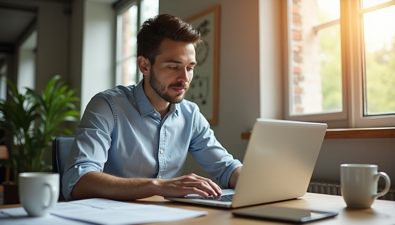 Business owner updating online profile on laptop