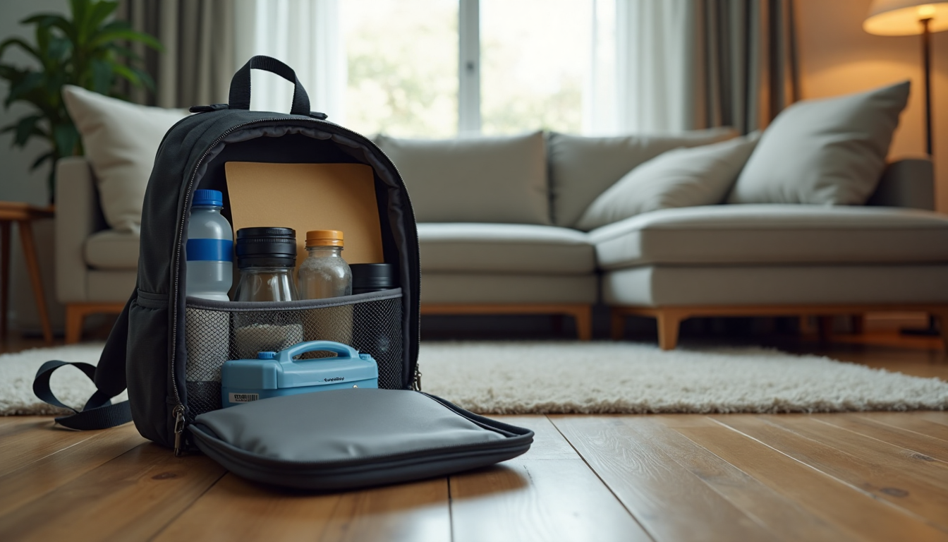 Open emergency kit with essential supplies