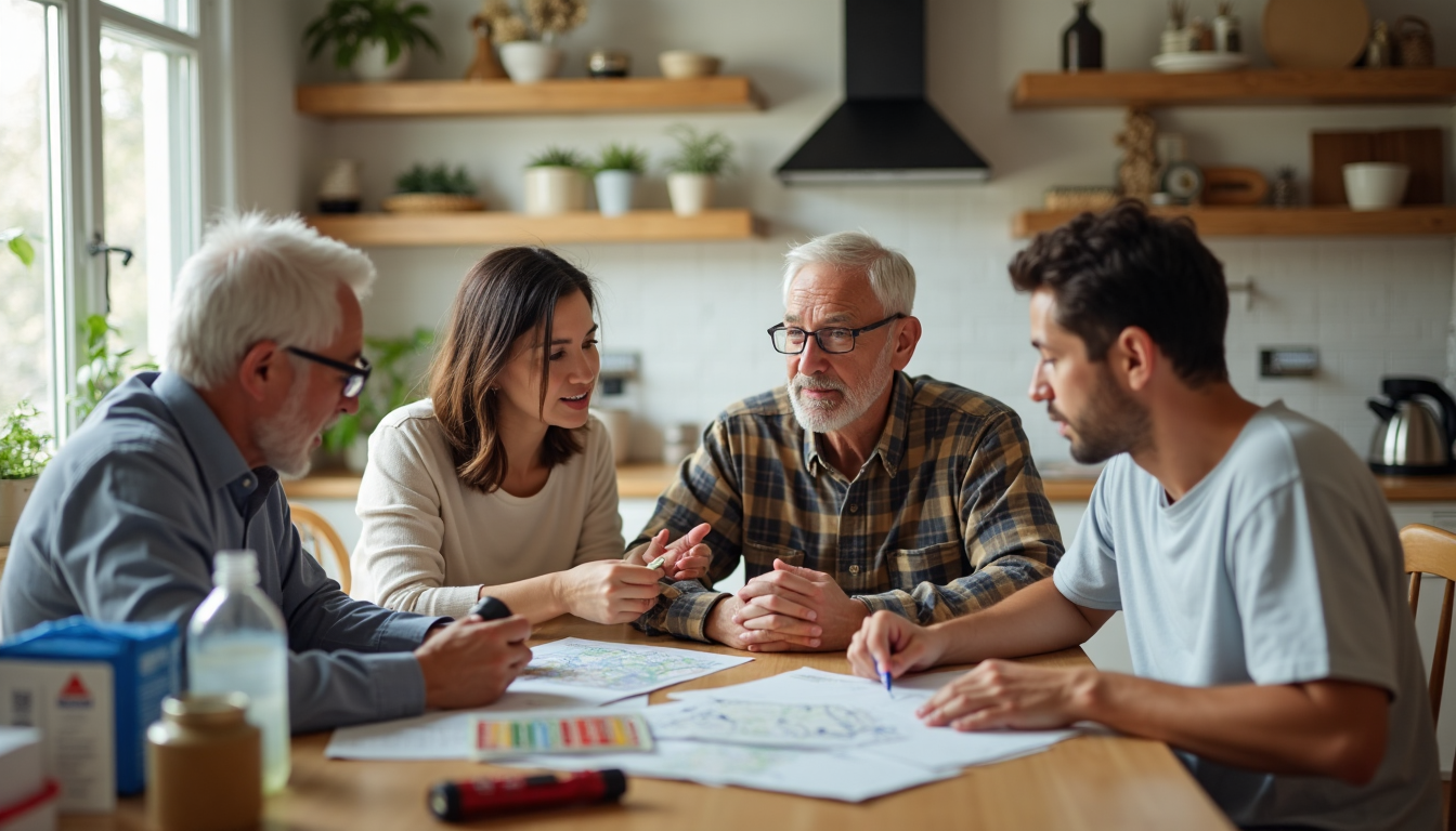 Family reviewing emergency plan with supplies