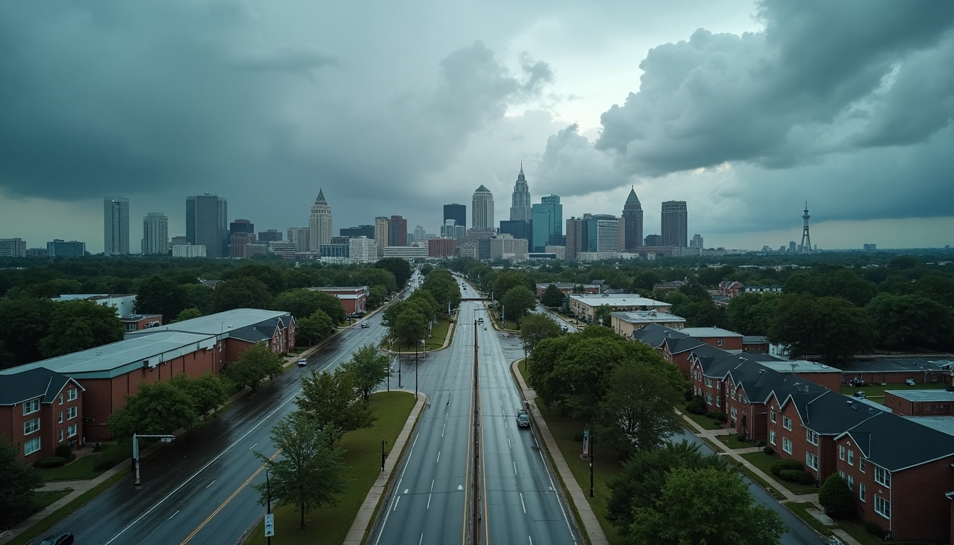 Charlotte skyline after severe storm, wet streets visible