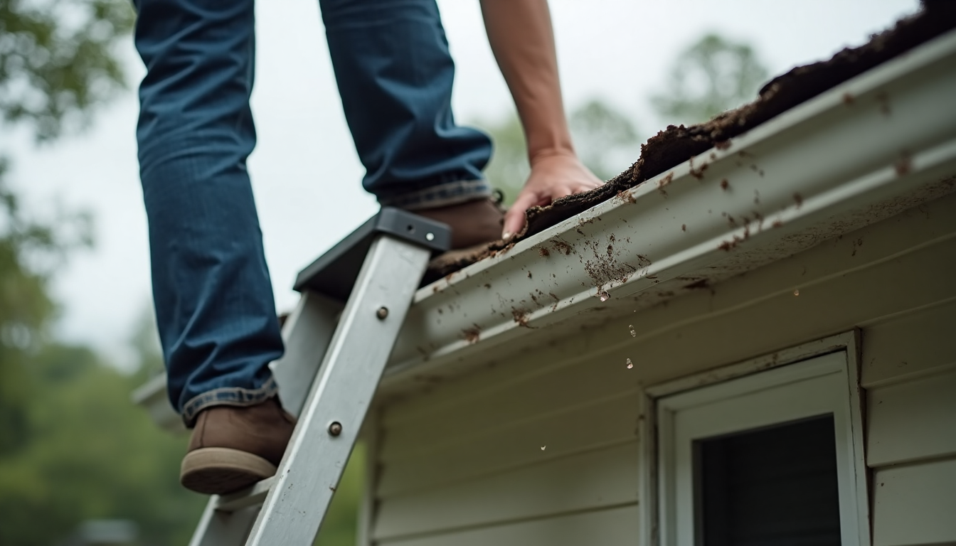 Homeowner cleaning gutters and inspecting roof after storm