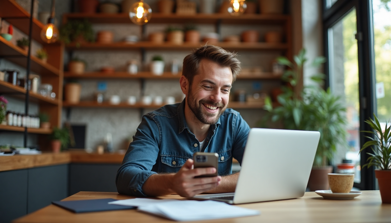 Local business owner handling digital promotion tasks