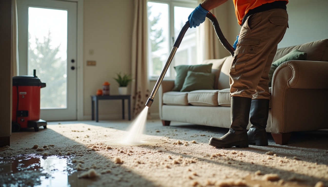 Water Damage vs. Flood Damage: Essential Guide for Charlotte Property Owners 2025 3 Water soaked living room with restoration worker