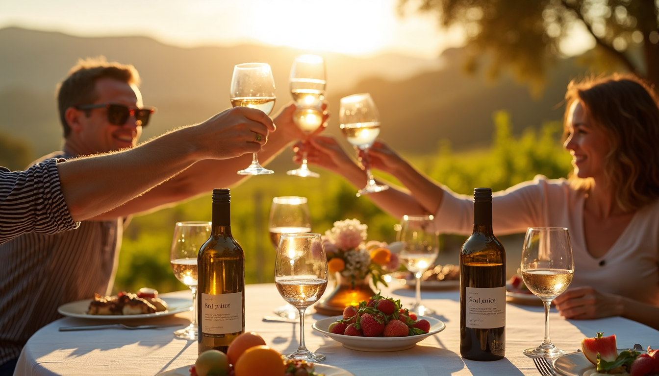South Africans toasting wine outdoors in a vineyard