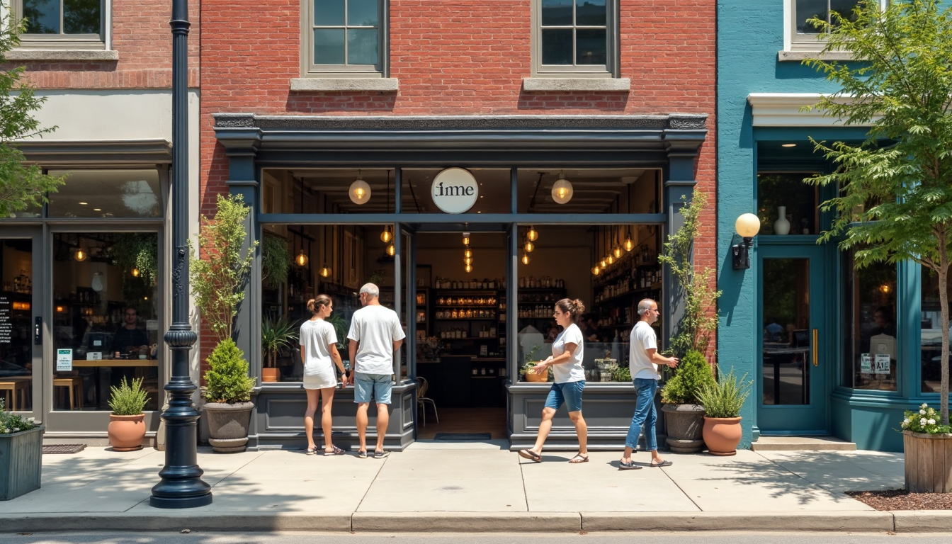 Vibrant local storefront with customers outside
