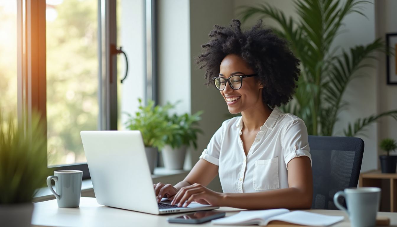 Small business owner working on laptop in office