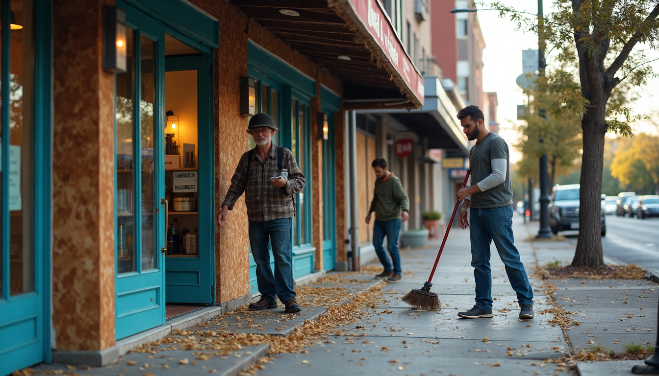 Small business owner cleaning up after disaster