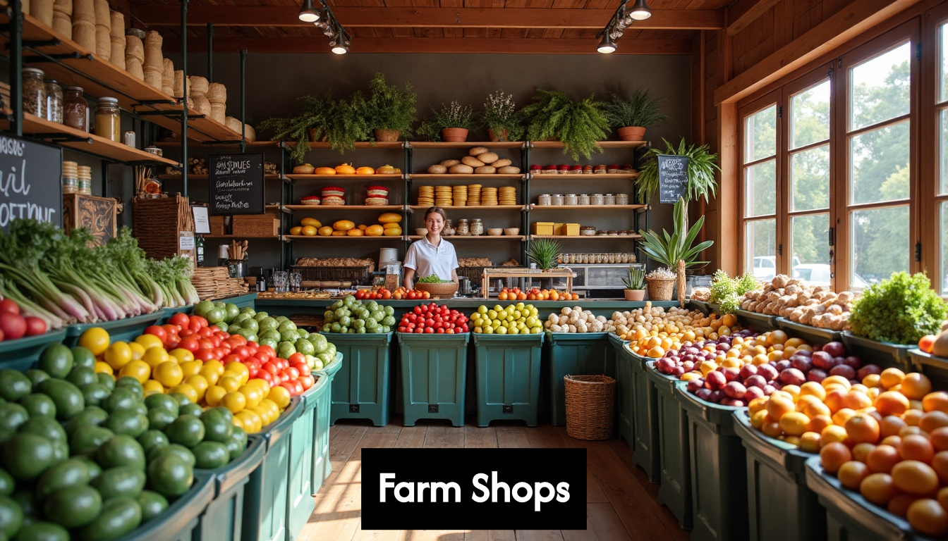Inside a farm shop with fresh local produce displays