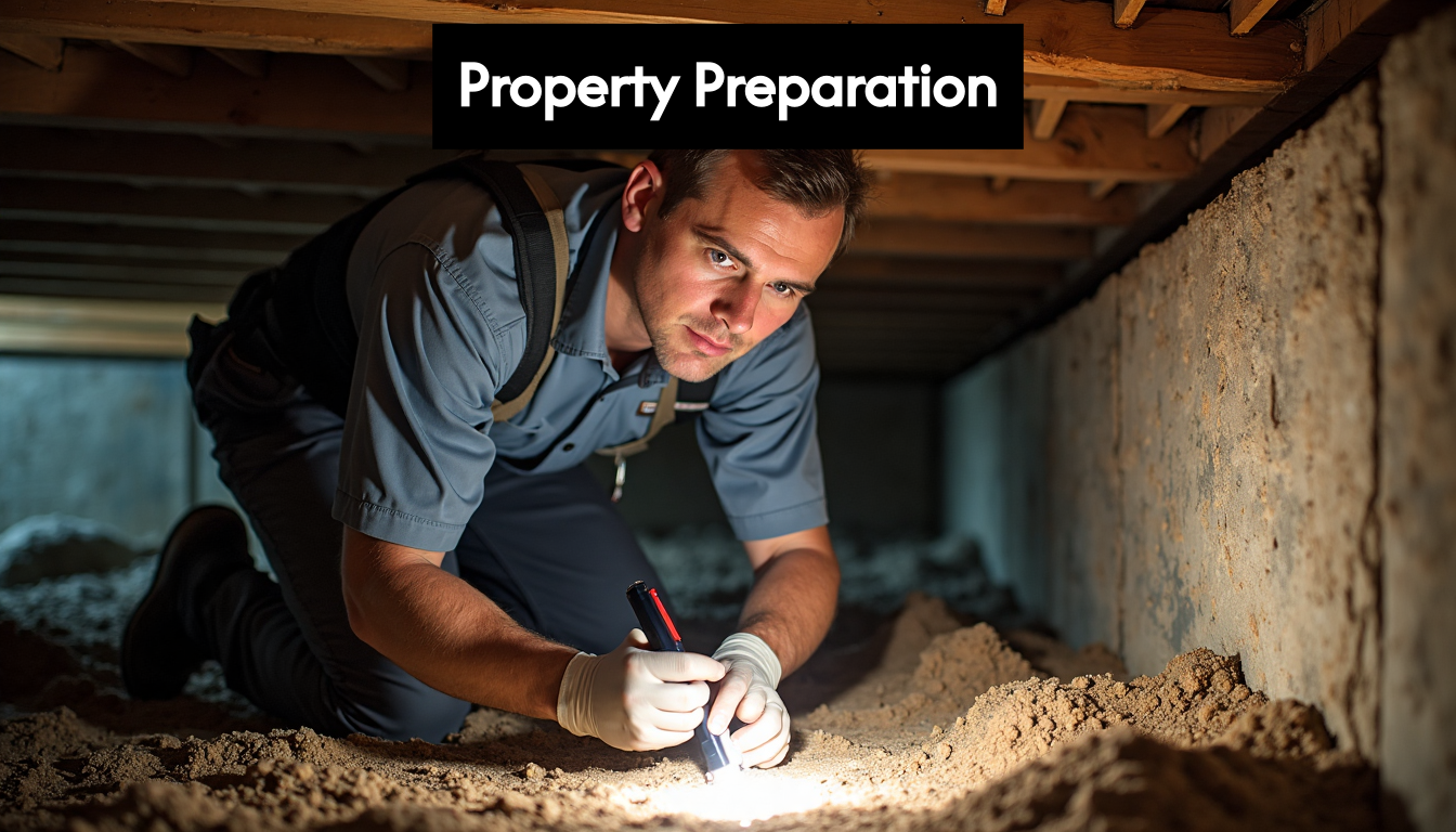 Inspector using tools in crawl space for termites