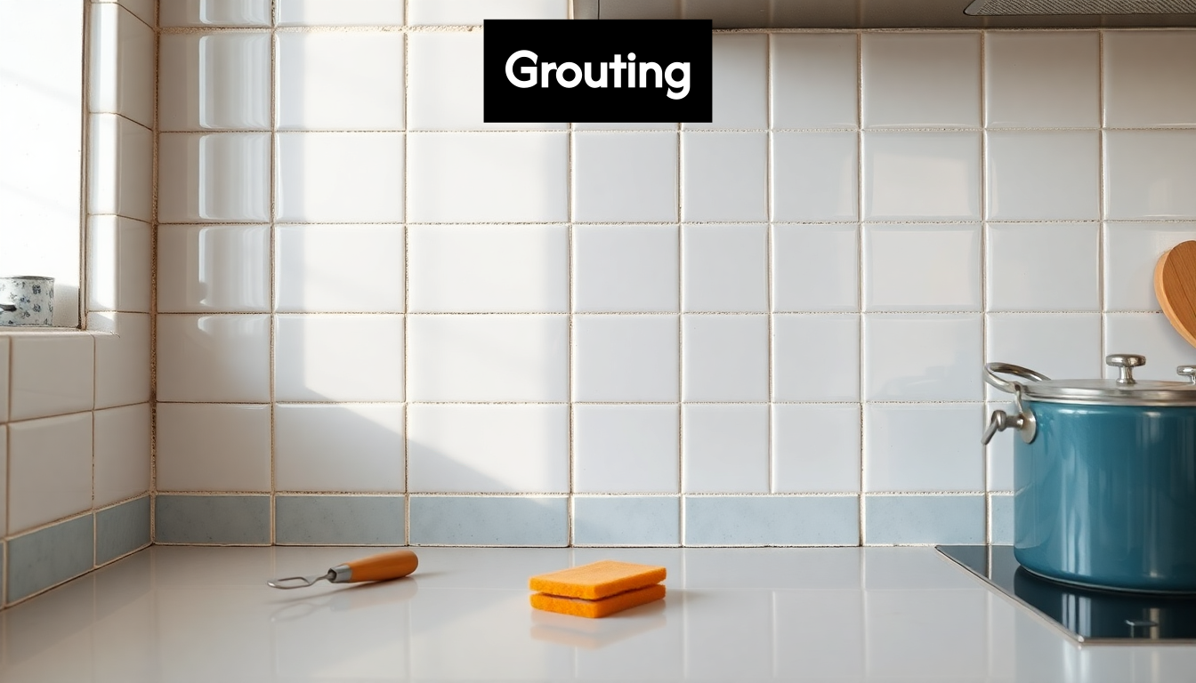 Freshly grouted tiled wall