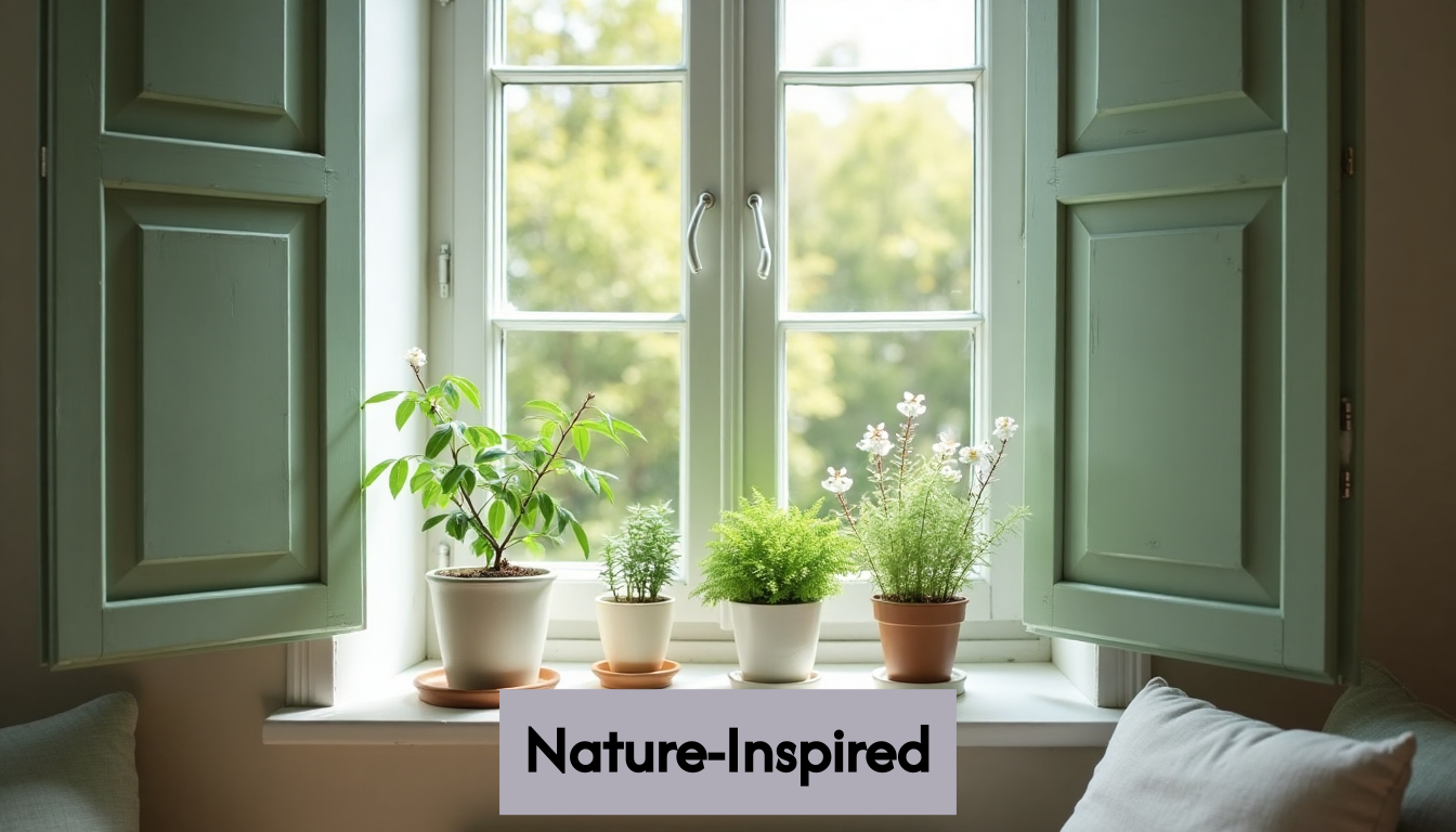 Interior window with sage green shutters and plants