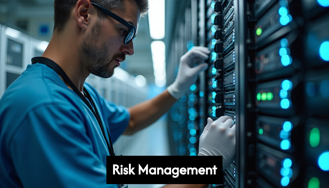 IT specialist inspecting hospital server rack