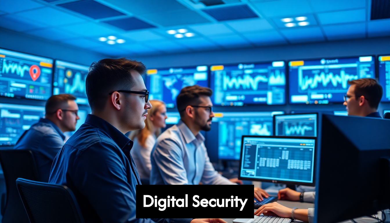 IT team monitoring security systems in modern office