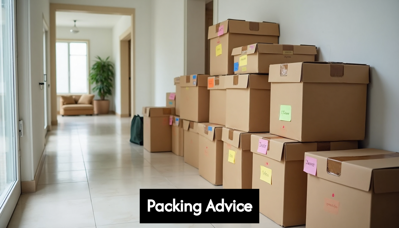 Labeled moving boxes organized in hallway