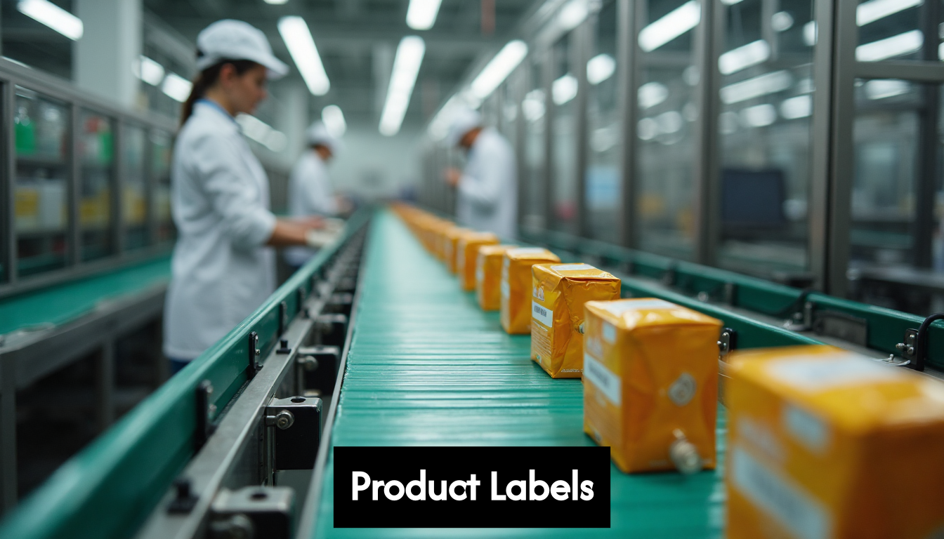 Labeled products on factory conveyor belt