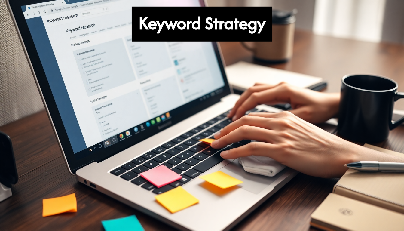 Laptop with keyword research and workspace items