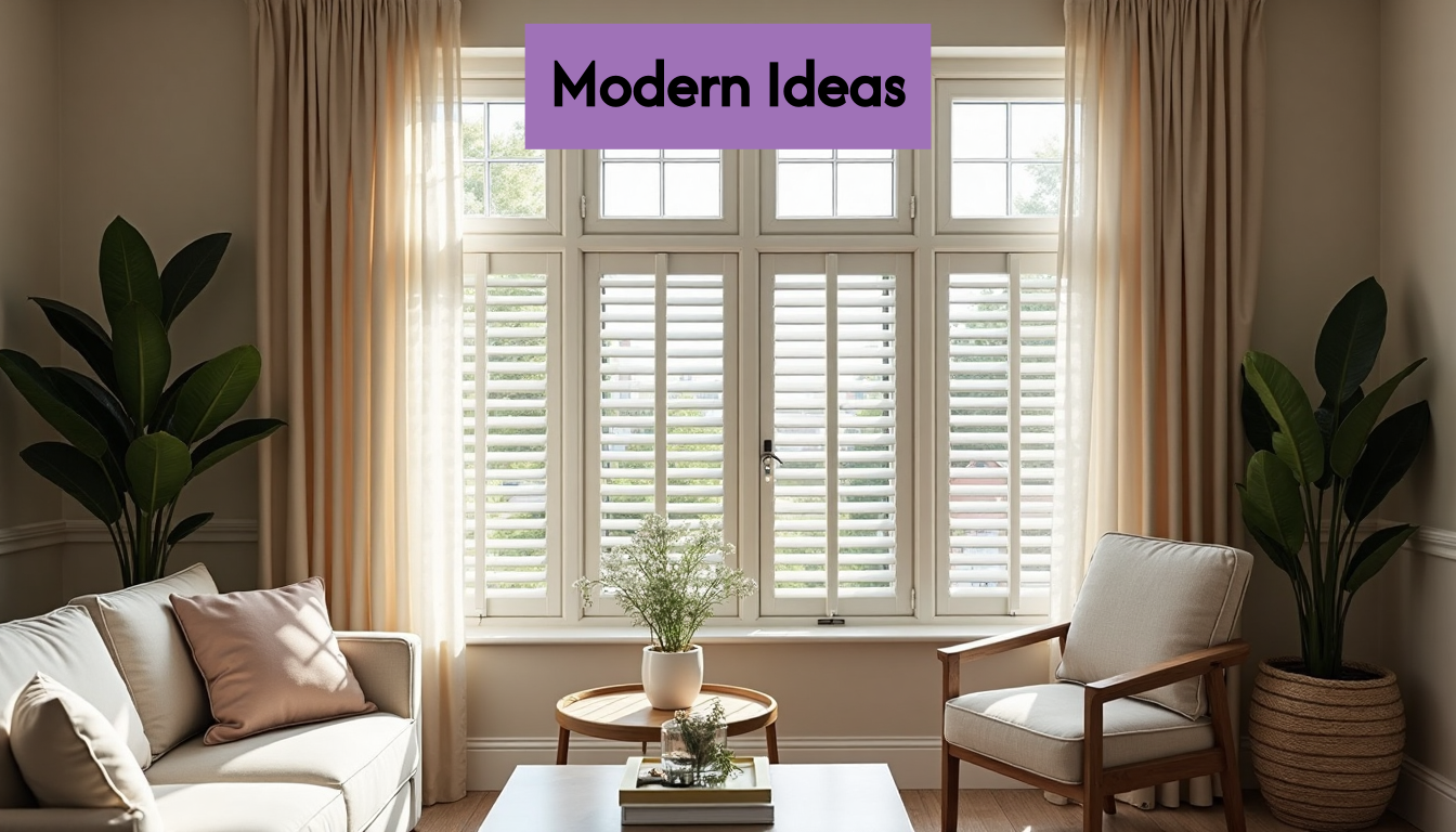 Layered shutters and curtains in modern UK living room