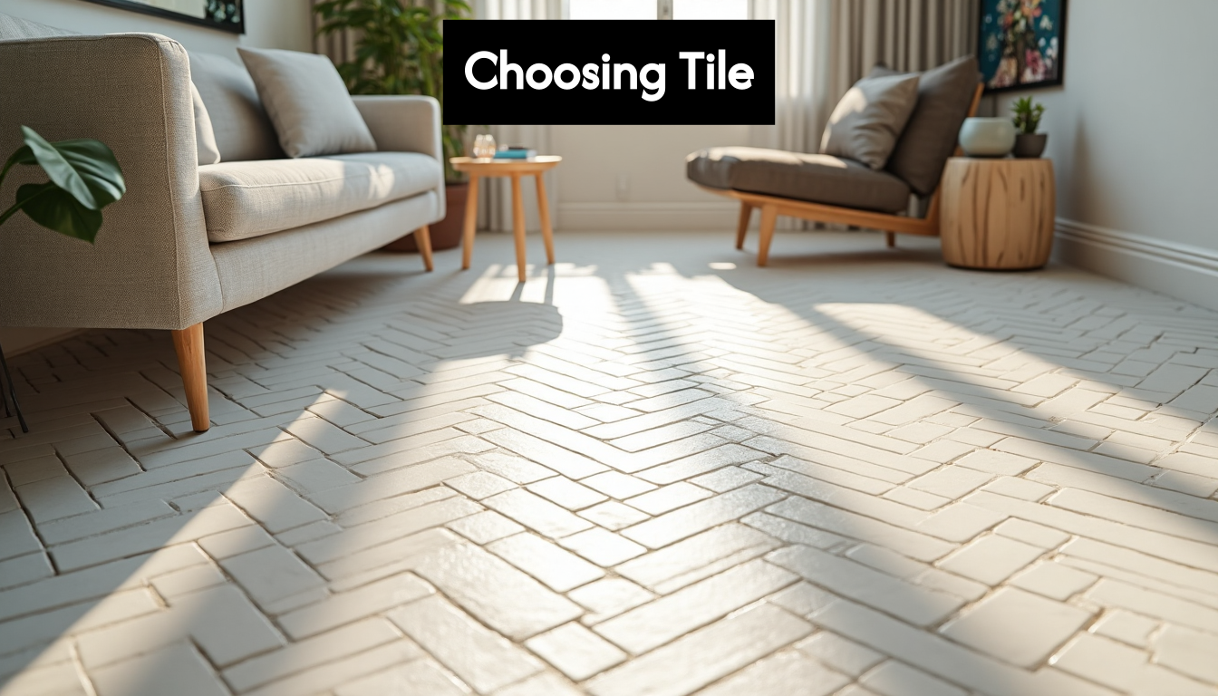 Living area with herringbone floor tile.