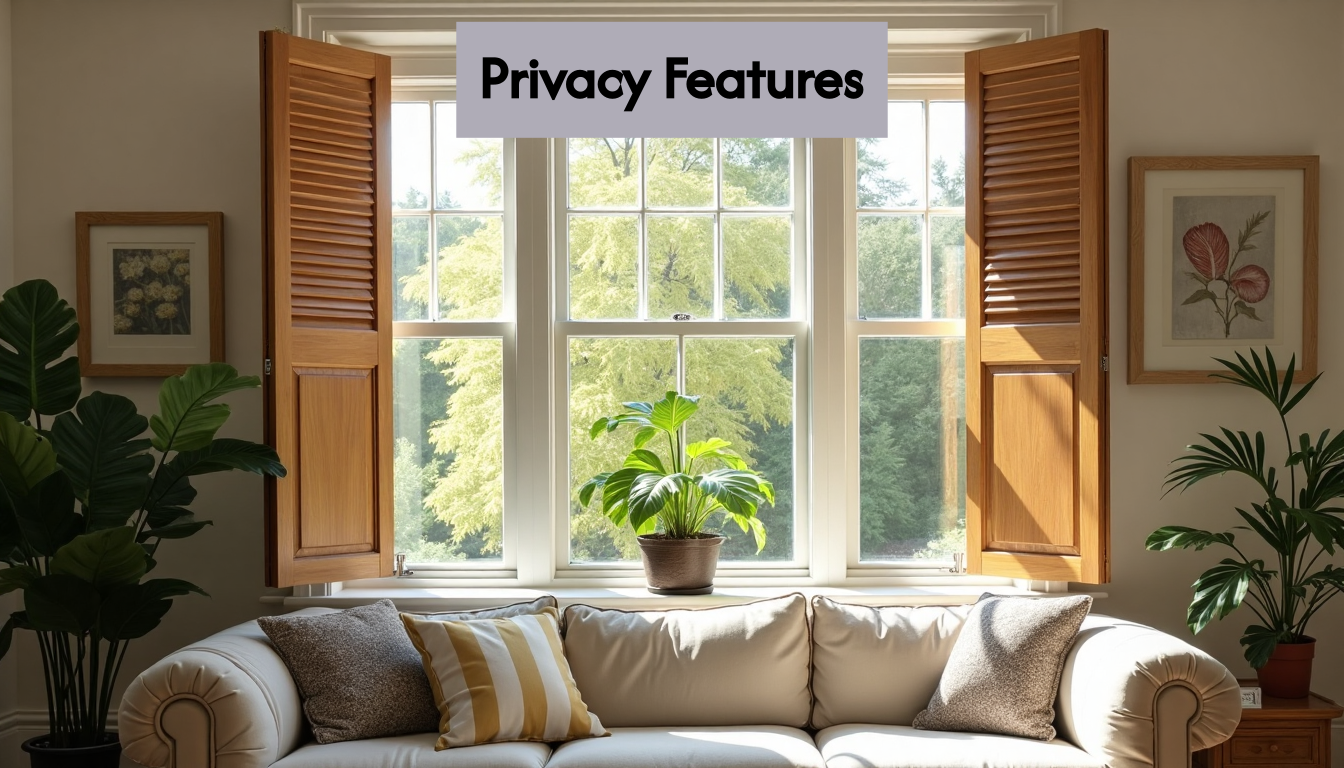 Living room interior wooden shutters angled for privacy