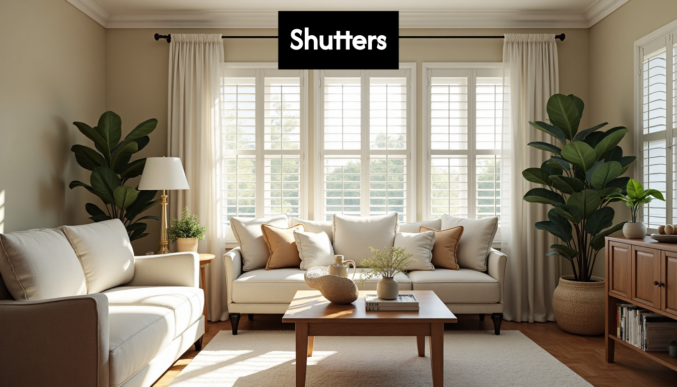 Living room with bay window shutters and natural light