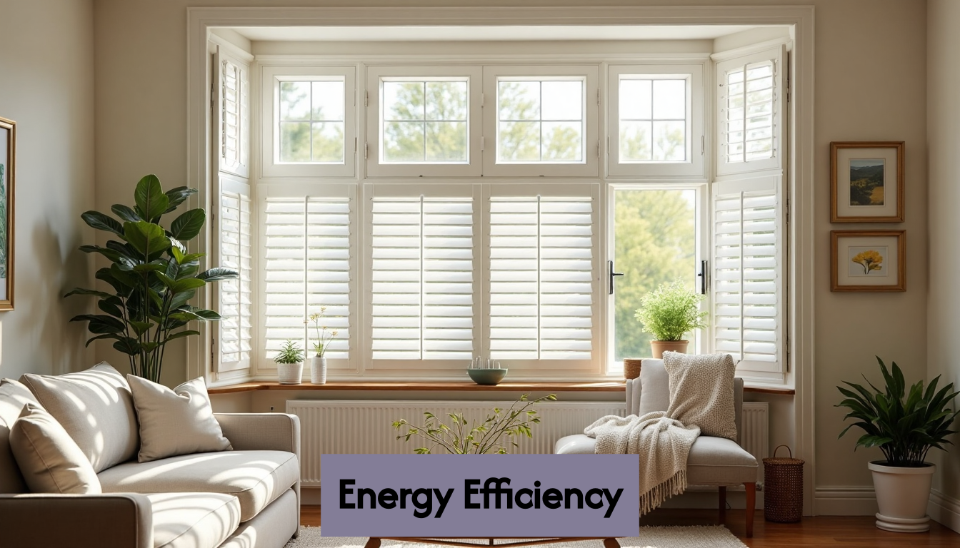 Energy Efficiency Living room with plantation shutters on windows