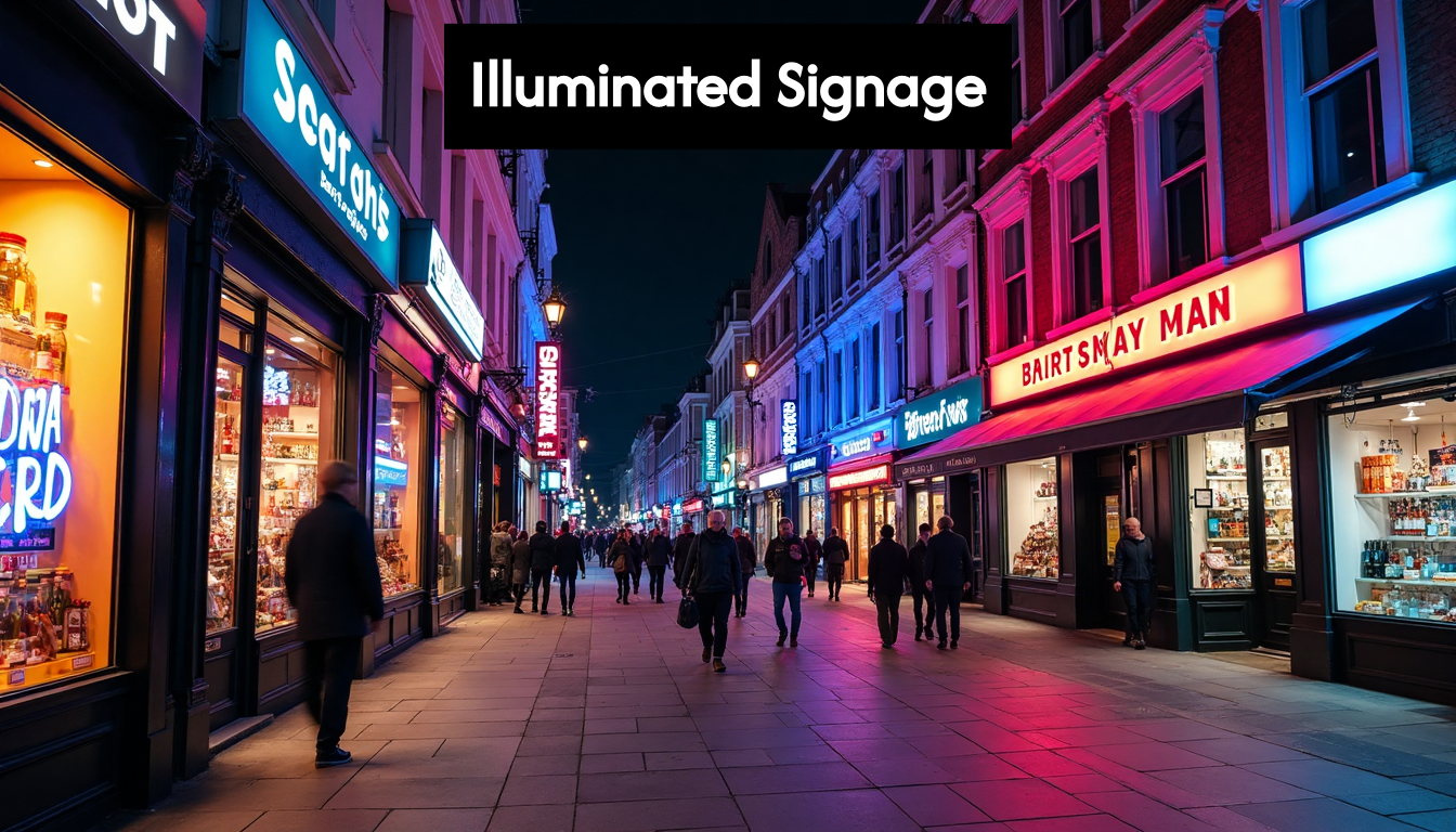 London high street at night with illuminated business signs