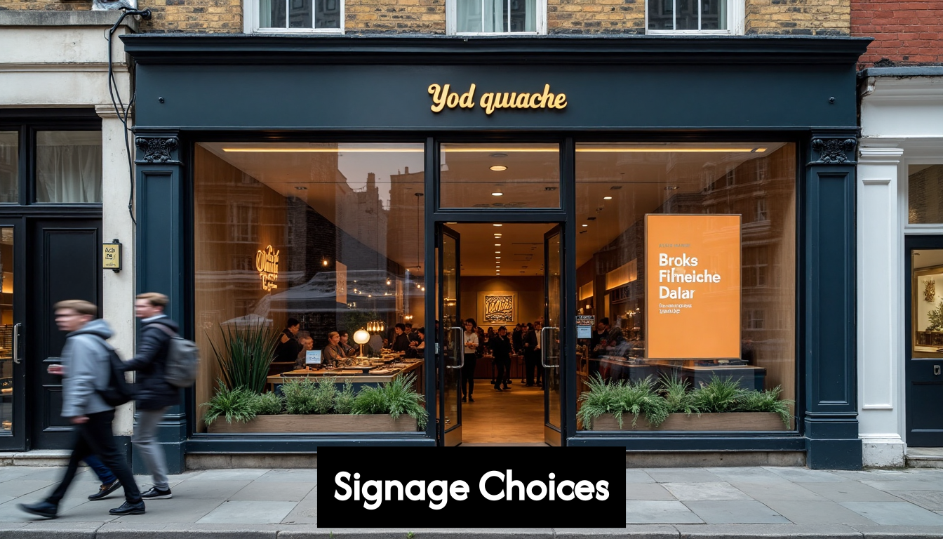 London storefront with exterior and interior signs
