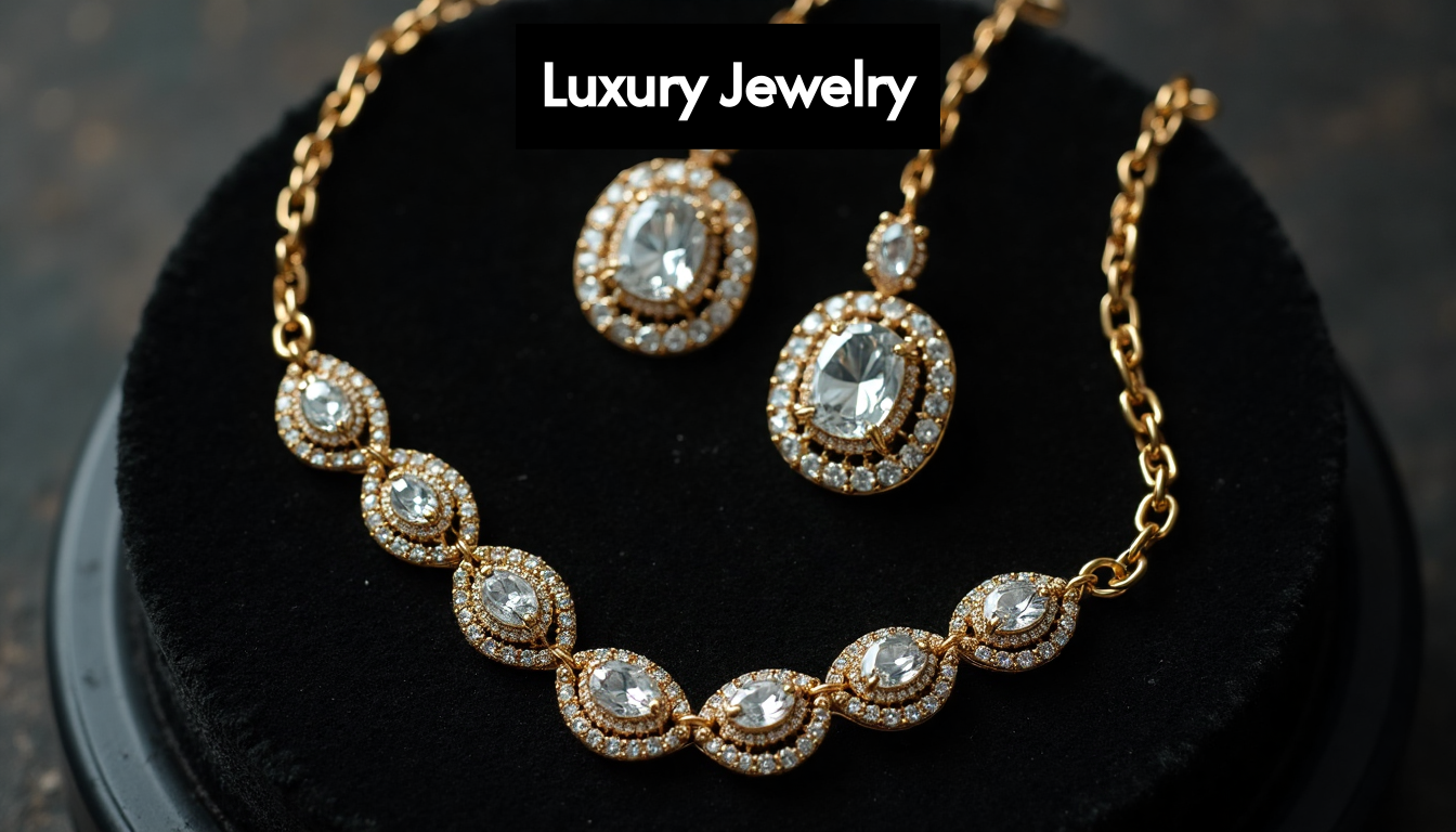 Luxury jewelry set with diamonds and gold rings on display