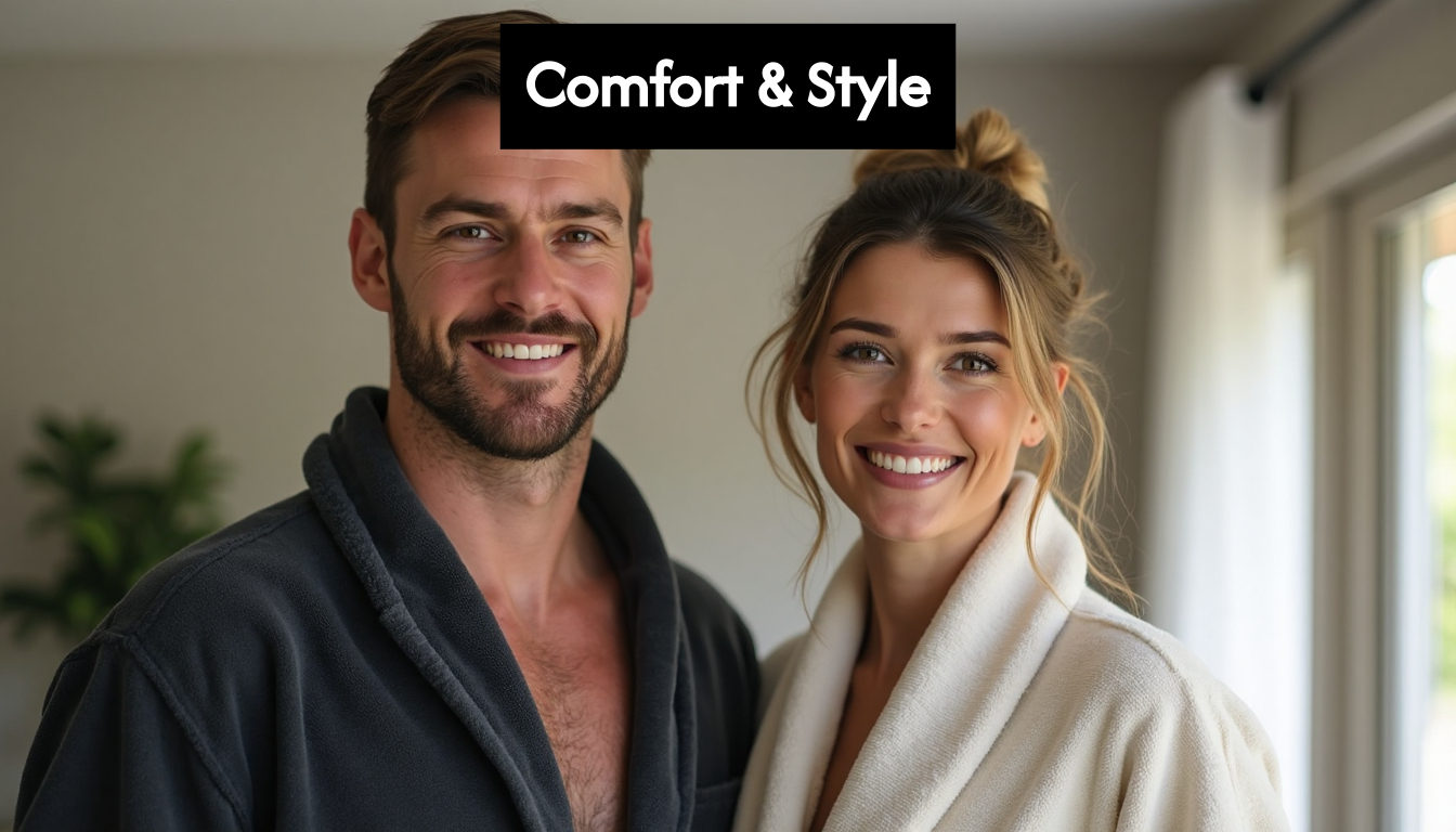 Man and woman modeling robes at home