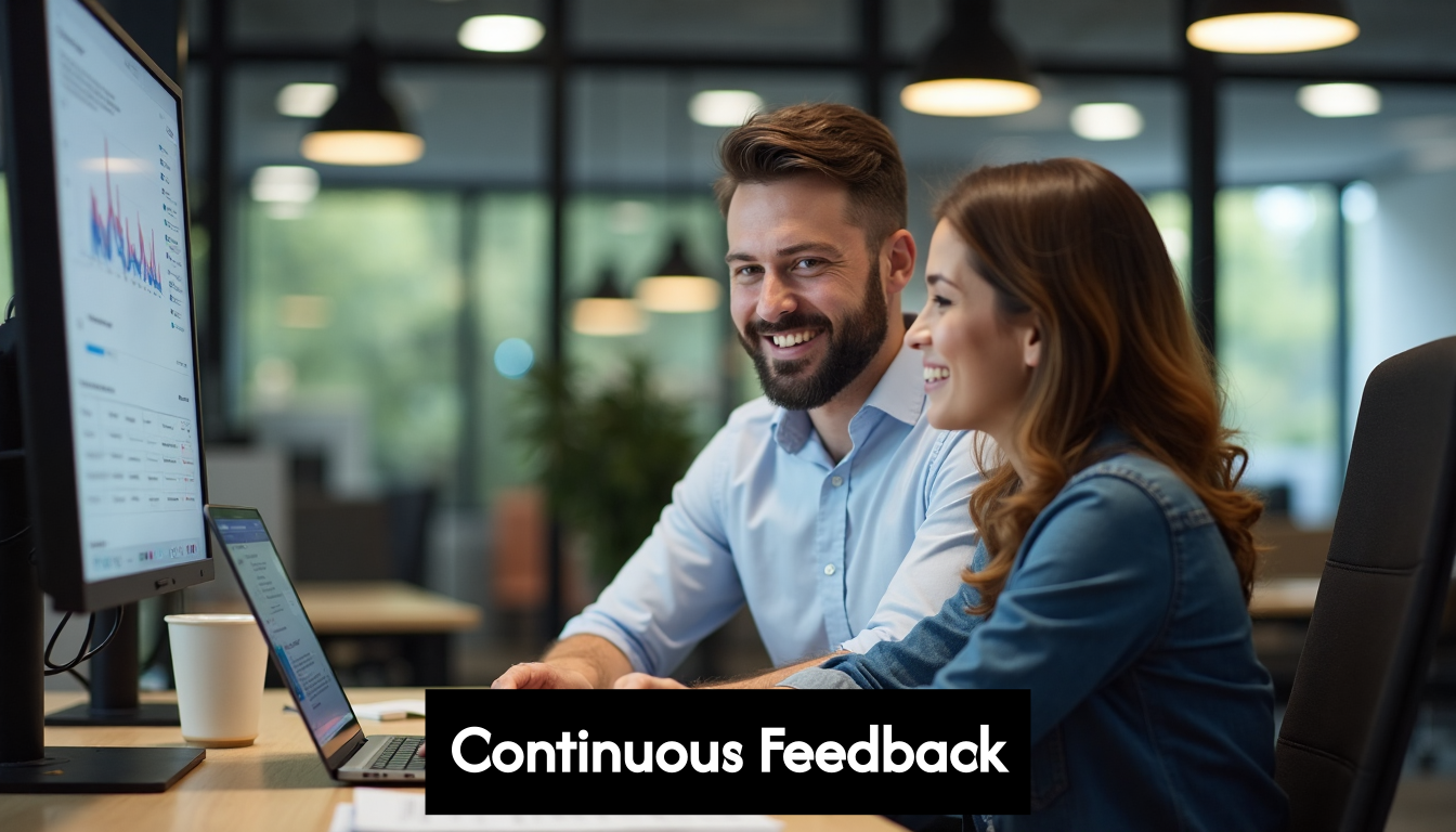 Manager and employee reviewing progress together