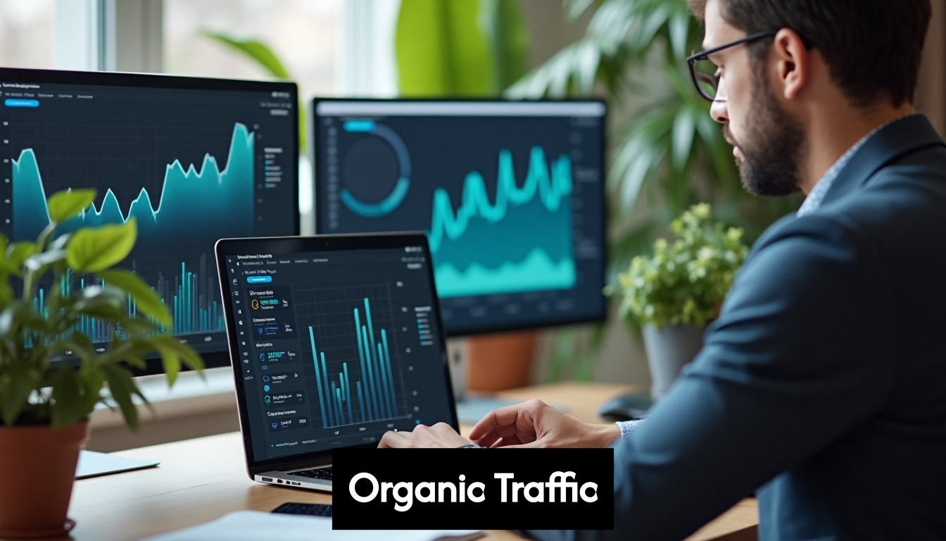Marketer analyzing organic traffic data at laptop