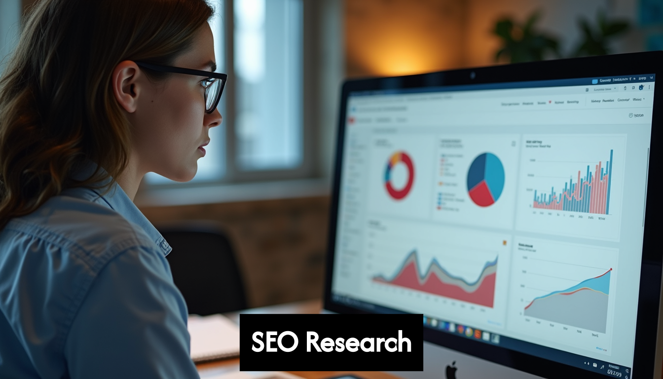 Marketer analyzing SEO data on computer screen.