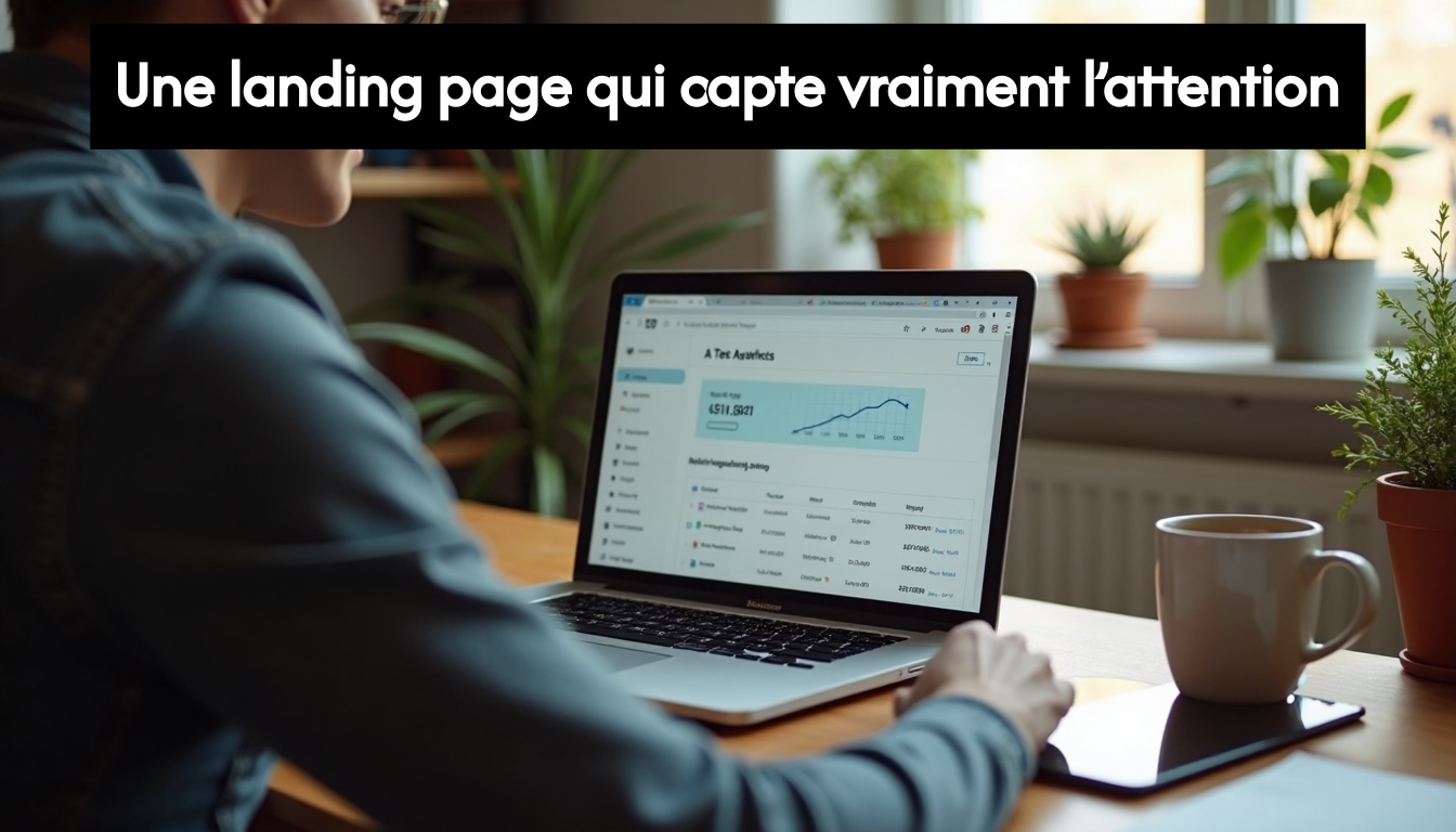 Marketer reviewing landing page A/B test dashboard at home workspace
