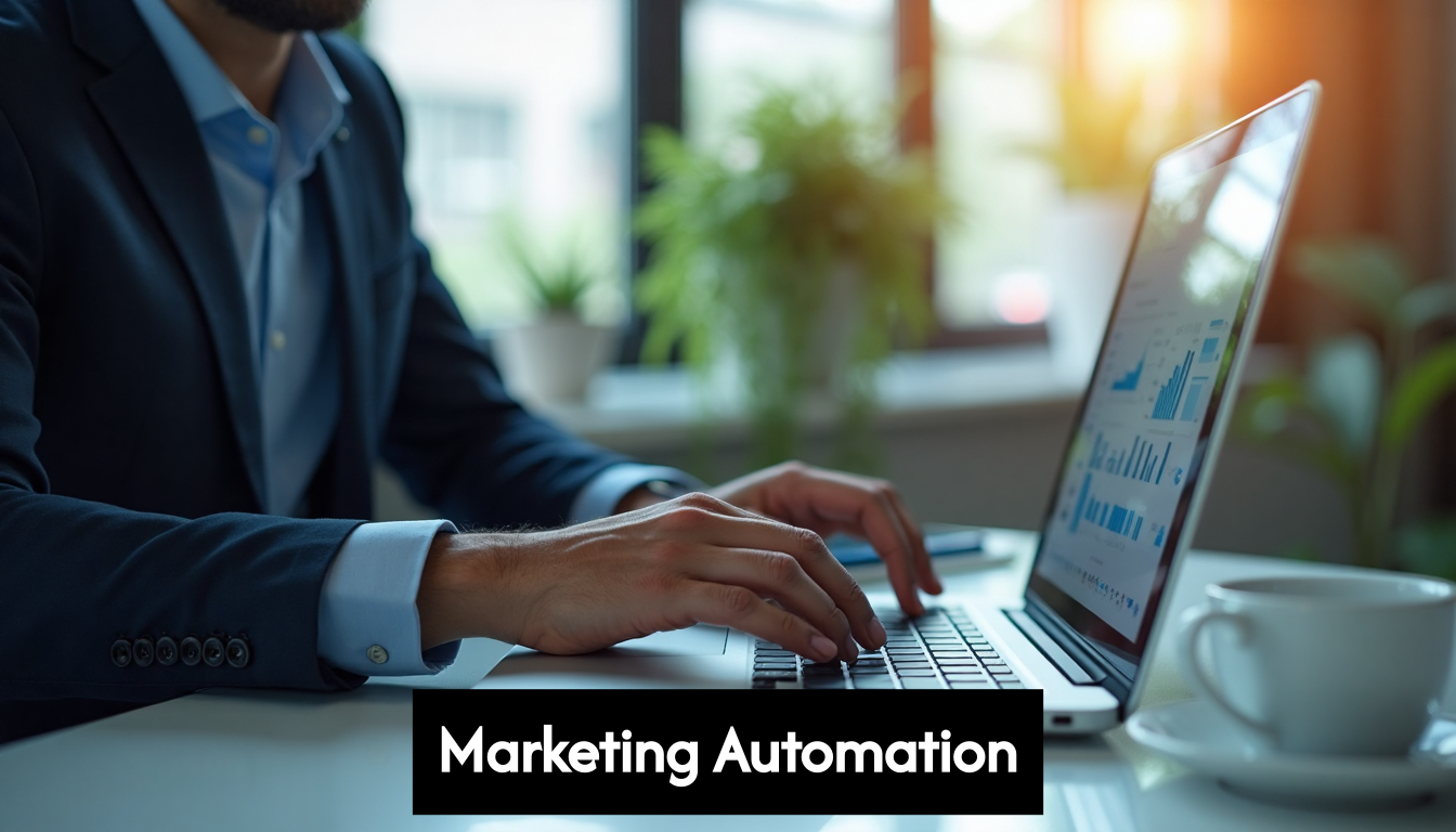 Marketer working with AI marketing tools on laptop