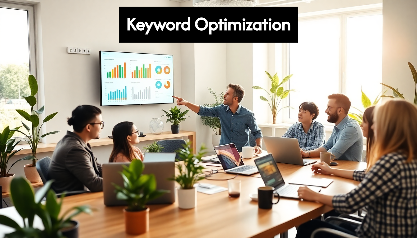 Marketers collaborating on keyword research in an office