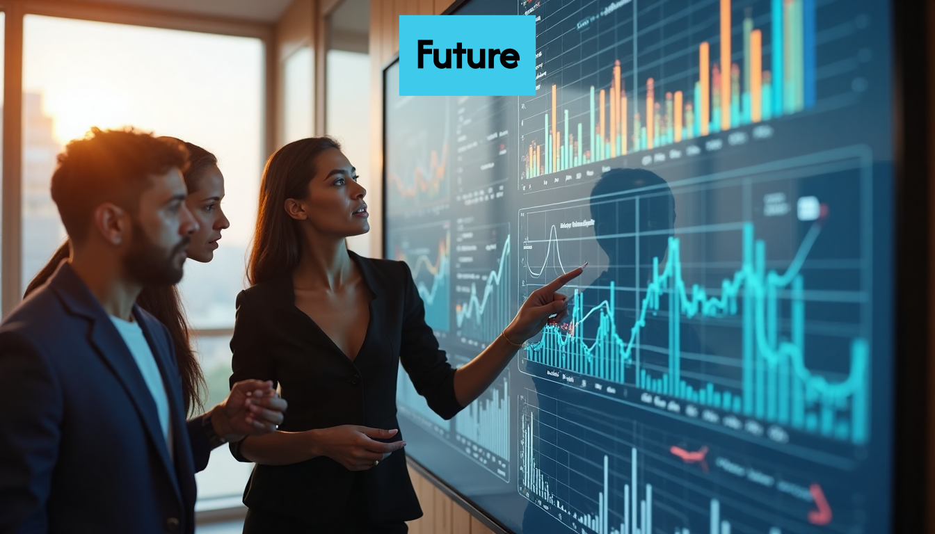 Marketing team discussing data on a screen