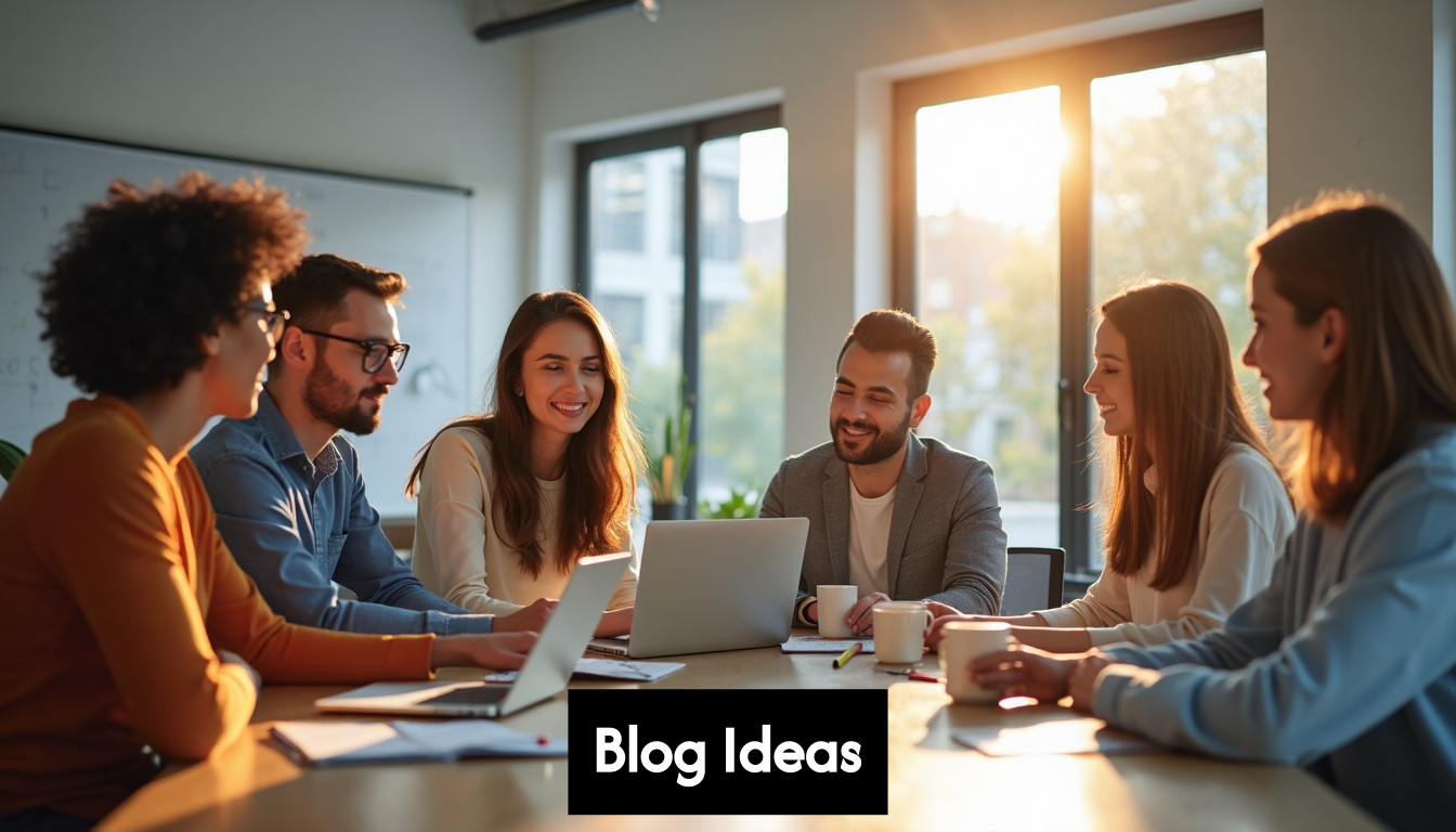 Marketing team meeting for blog ideas in bright office