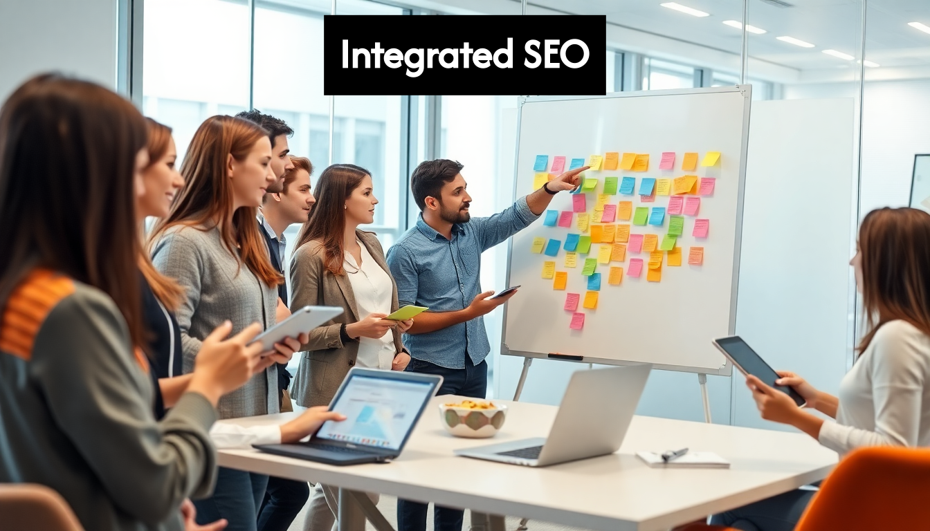 Marketing team planning digital strategy at whiteboard