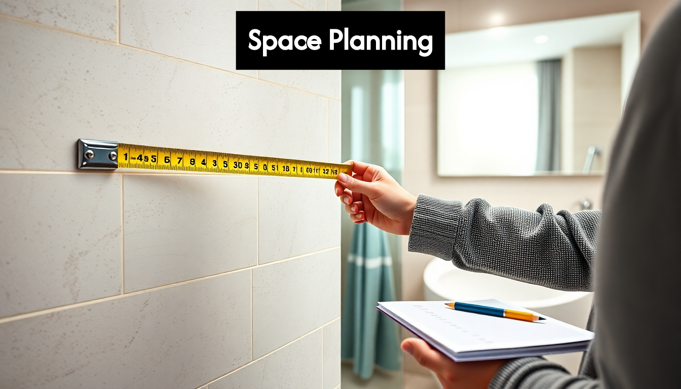 Measuring bathroom wall with tape measure for tiles