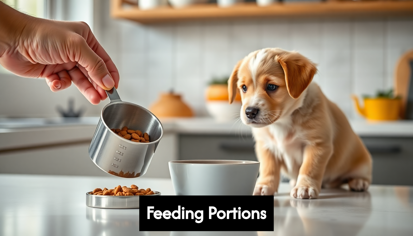 Measuring puppy food portions in kitchen