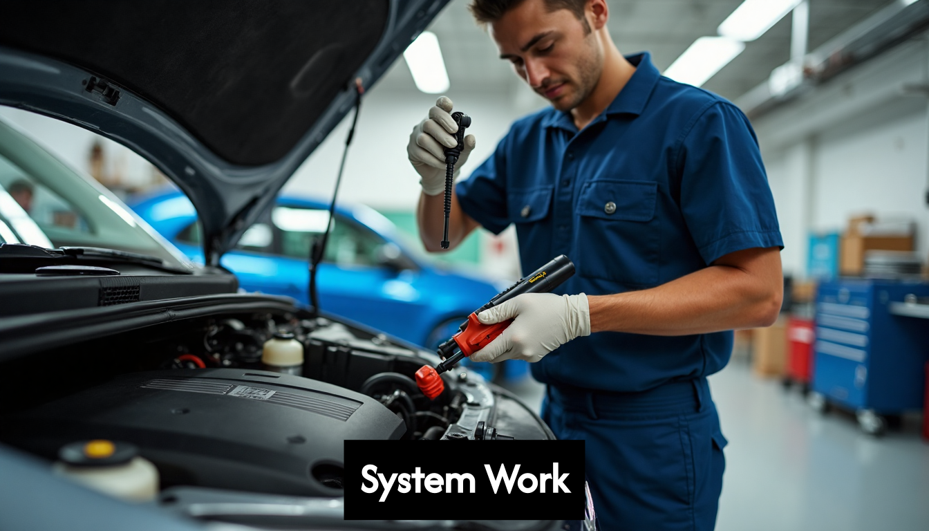 Mechanic checking car air conditioning system under hood