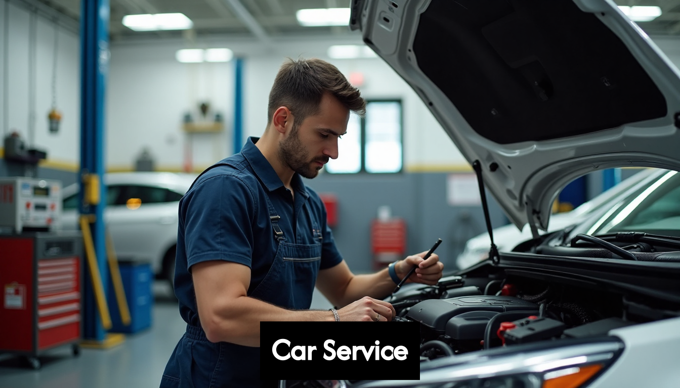 Mechanic checks car engine in bright garage