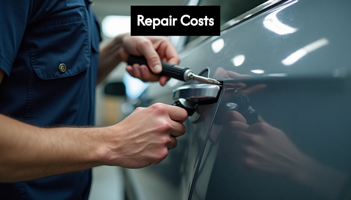Mechanic fixing car dent with tools