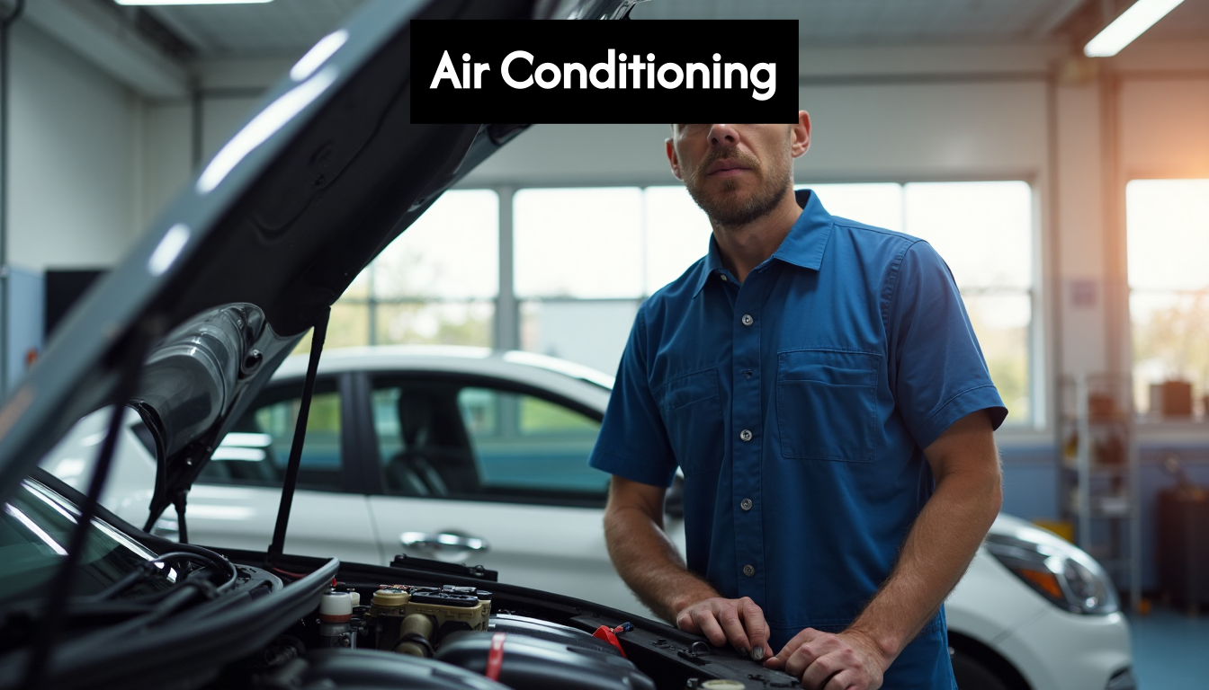Mechanic inspecting car air conditioning under hood