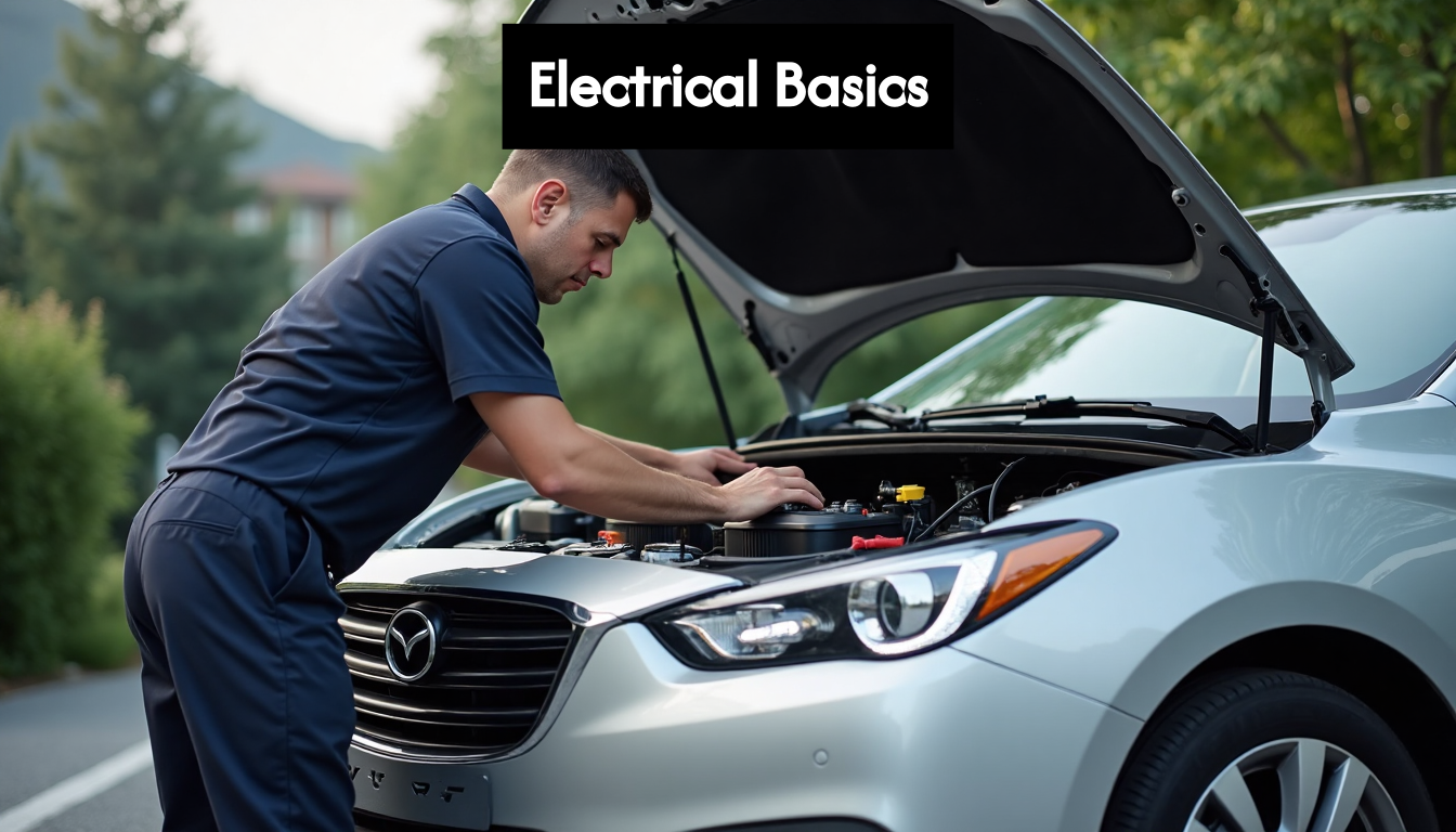 Mechanic inspecting car battery and wiring in engine bay